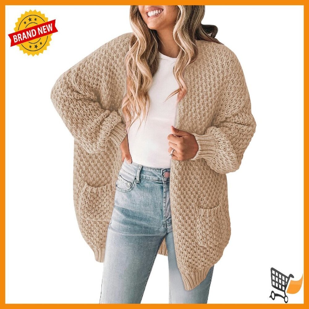 Oversized Chunky Knit Cardigan with Lantern Sleeves and Pockets